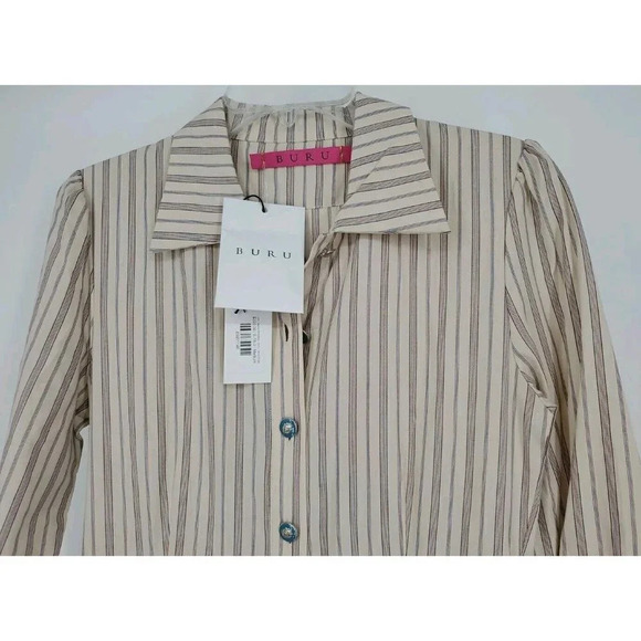 BURU Pink Label Long Sleeve Shirtdress Ivory Ticking Stripe Maxi Dress Med $330 - Picture 3 of 10